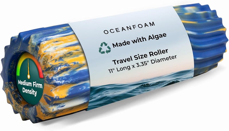 Oceanfoam Ripple Travel Foam Roller (11" x 3.35") Firm Mini Foam Roller for Physical Therapy, Deep Tissue Massage, Back Pain, High Density, Wave Textured, Yoga, Exercise (Royal Gold & Natural Marbled) - Image 1
